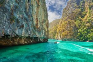 Travel vacation background - Tropical island with resorts - Phi-Phi island, Krabi Province, Thailand.